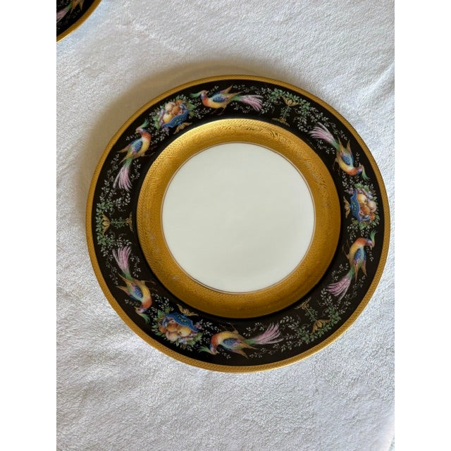 Black Set of 12 Pristine Hutschenreuther Black Knight Porcelain Dinner Plates – Gold Encrusted Pheasant & Fruit Motif, Mid-20th Century, Decorated in Usa For Sale - Image 8 of 10