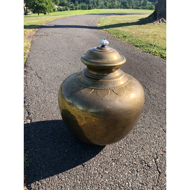 Antique Chinese vessel jar with removable lid and hand-painted porcelain handle pull. Opening is approximately 9" in...