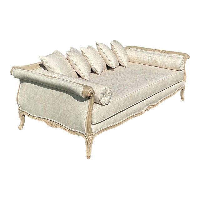Oyster Gray 19th-C. French Painted Daybed / Sofa in New Linen W/ Gustavian Swedish Styling For Sale - Image 8 of 13