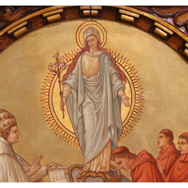 Tan 19th Century French Gothic Hand Painted Walnut Altar Panel With Marian Imagery For Sale - Image 8 of 11