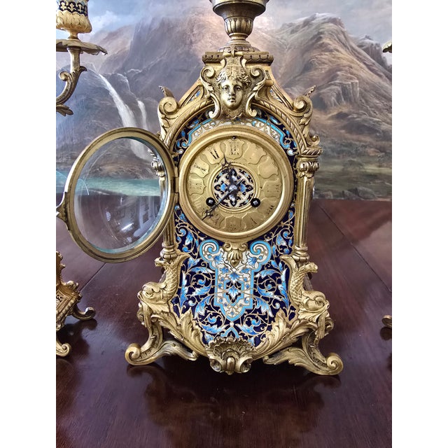 Metal Antique Faberge Style Bronze Enamel Dolphin Clock Set For Sale - Image 7 of 18