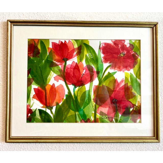 Red Watercolor Original Painting “Red Tissue Poppies” For Sale - Image 8 of 8