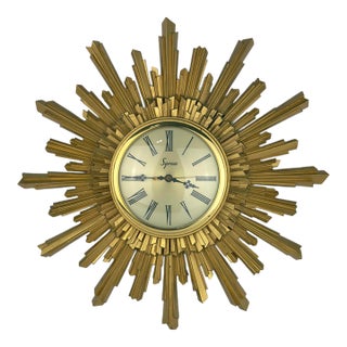 Midcentury Gilt Syroco Sunburst Clock 16” Electric For Sale