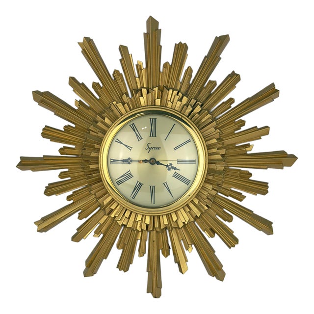 Midcentury Gilt Syroco Sunburst Clock 16” Electric For Sale