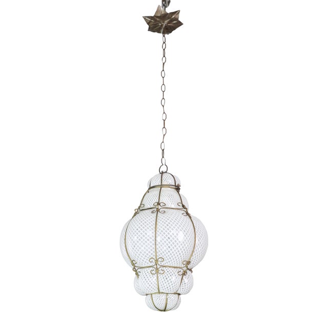 Amazing Large Venetian Lantern in Murano Reticello Glass, 1940s For Sale