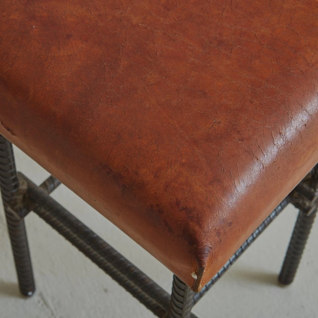 1960s Brutalist Forged Iron + Cognac Leather Stool, France 1960s For Sale - Image 5 of 11