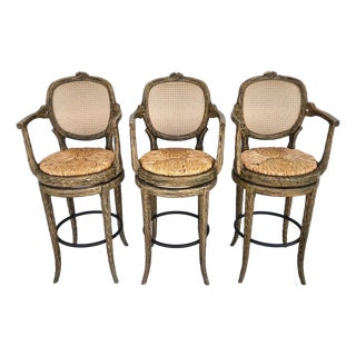 French Country Barstools Faux Bois Swivel Set of 3 For Sale