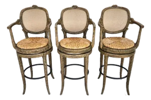 French Country Barstools Faux Bois Swivel Set of 3