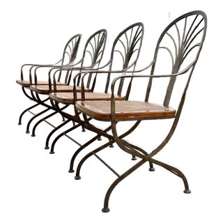 Vintage Drexel Heritage Bronze Wrought Iron, Wood, Woven Cane Set of Four Arm Chairs For Sale