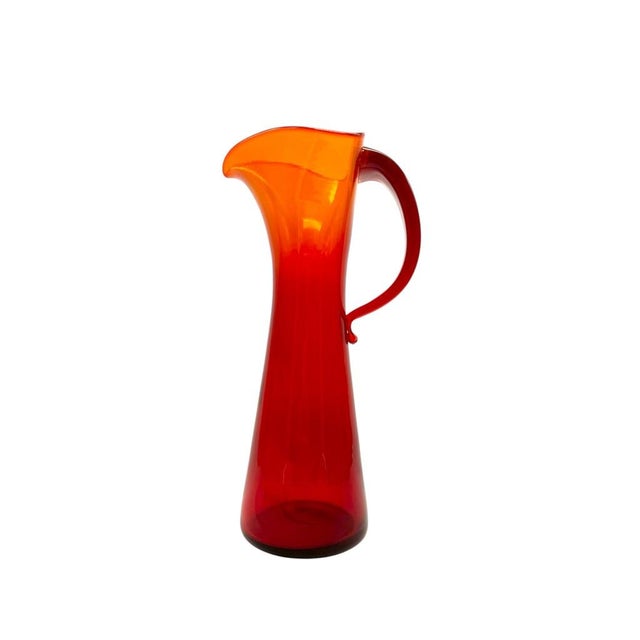 Blenko Vintage Blenko Orange Red Tall Triangle Top Pitcher Vase Handblown Art Glass For Sale - Image 4 of 10