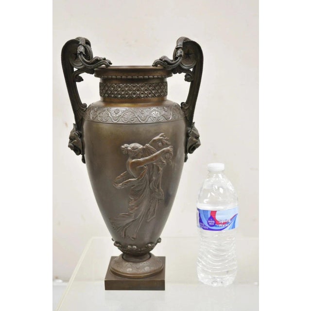 Antique 19th C. Alfred Daubree French Neoclassical Bronze Figural Urn Vase with Lions. Item features dancing maiden scenes...