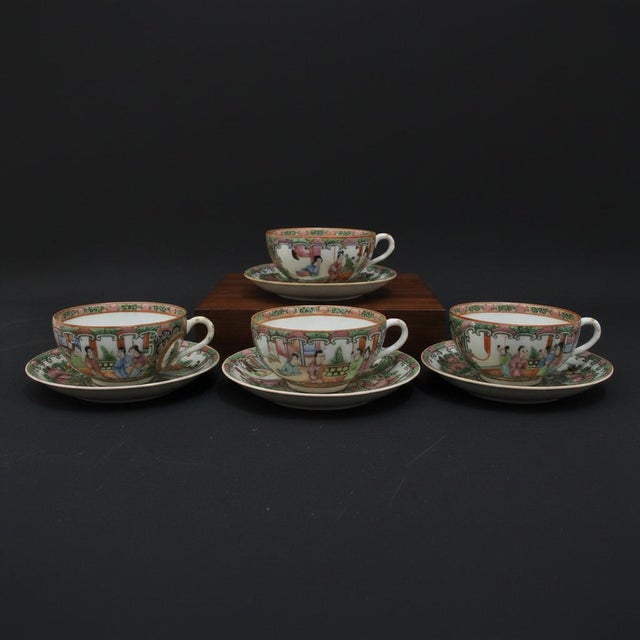 Rose Chinese Export Famille Rose Medallion Porcelain Tea Cup & Saucer Set of 4 For Sale - Image 8 of 18