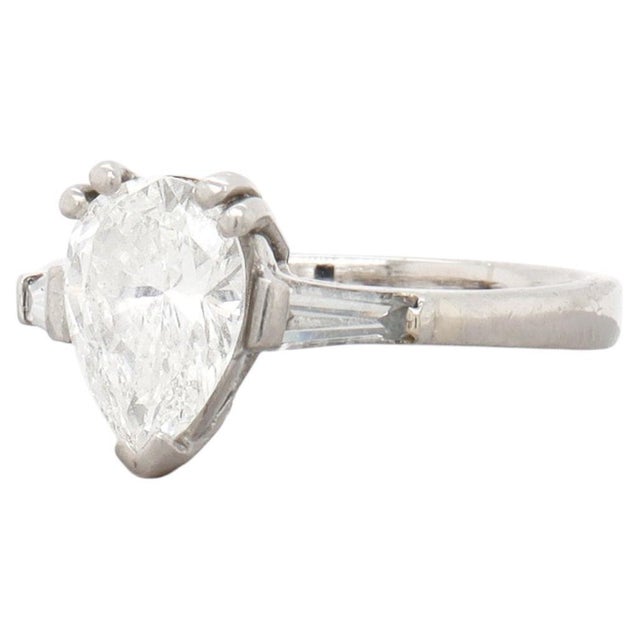 Mid 20th Century Vintage Platinum & Pear Cut 1.80 Ctw. Natural Diamond Engagement Ring For Sale - Image 5 of 13
