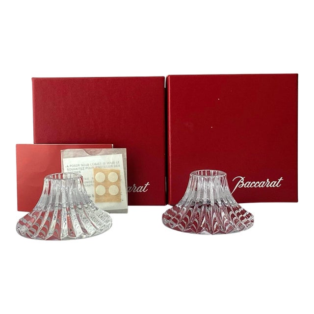 Pair of VTG Baccarat Crystal Candleholders in Original Boxes, 1 3/4” X 3 3/8” For Sale