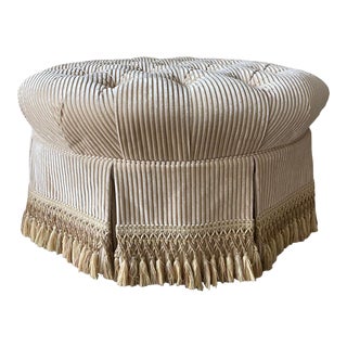 Custom Tufted Upholstered Ottoman with Fringe For Sale