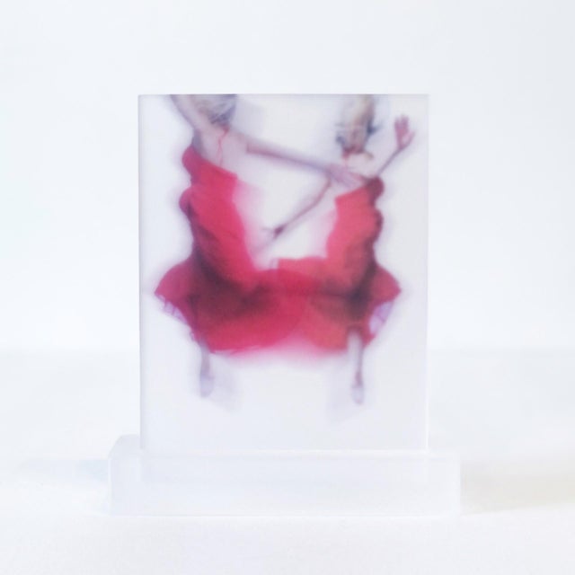 Discover features a dynamic depiction of figures in flowing red dresses, captured in mid-motion. The use of digital print...
