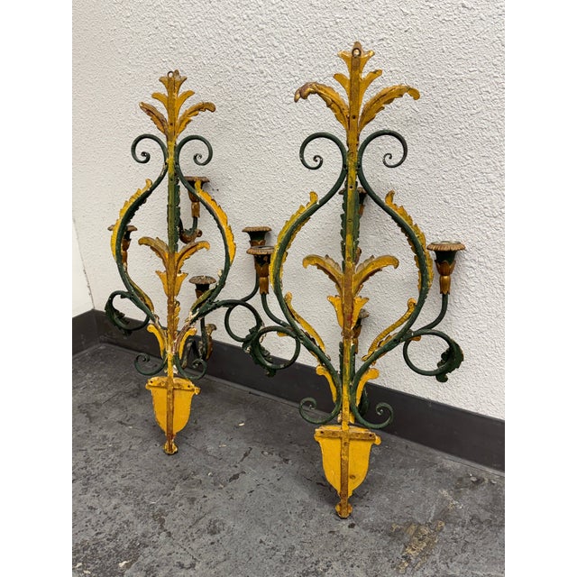 Mid 20th Century Italian Gilt Metal Laurel Wreath Candelabra Sconces, Pair For Sale - Image 11 of 12