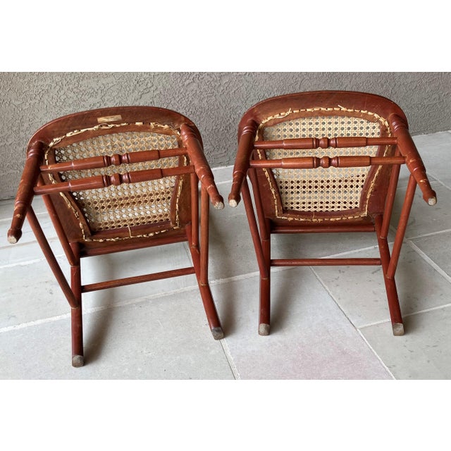 Circa 1920 Solid Oak Wood & Cane Seat Two-Rung Curved Ladderback Accent Chairs – A Pair For Sale - Image 14 of 18