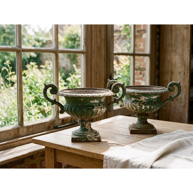 A pair of 19th century French small cast iron garden urn planters with pedestal base and scrolled handles. Weathered green...