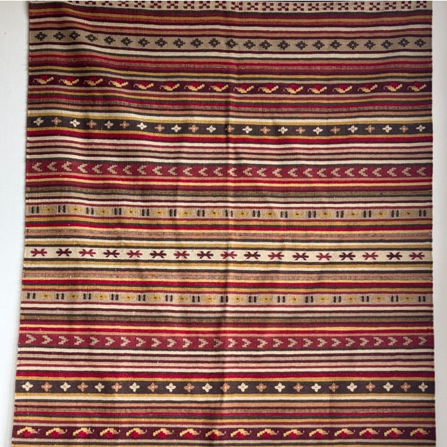 Boho Chic Large Indian White Rug with Red, Yellow and White Stripes and Geometric Friezes, Base, 1980s For Sale - Image 3 of 18