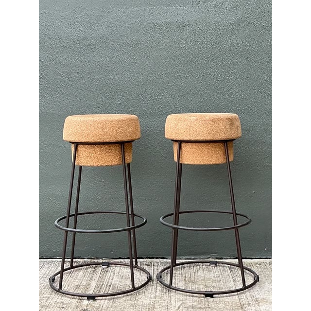 Camel Vintage Cork and Metal Bar Stools - A Pair For Sale - Image 8 of 12