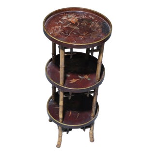 Three Tiered Tall Asian Side Table With Bamboo and Hand Painted Tray Surfaces For Sale