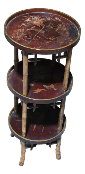 Three Tiered Tall Asian Side Table With Bamboo and Hand Painted Tray Surfaces