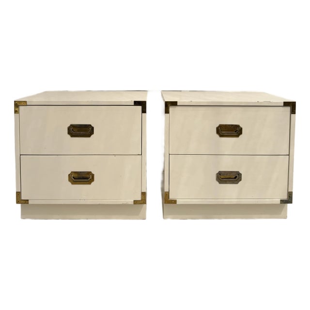 1970's Pair of White Campaign Nightstands For Sale