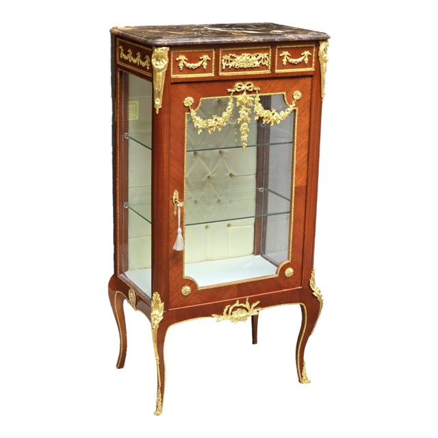 Louis XV Marquetry Bedside Cabinet With Glass Door, Marble Top & Gold Accents For Sale