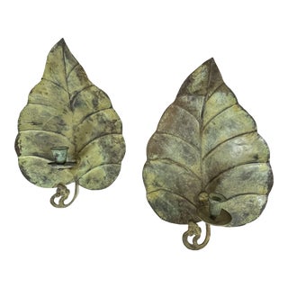 Vintage Large Metal Leaf Candle Sconces With Verdigris Finish- a Pair For Sale