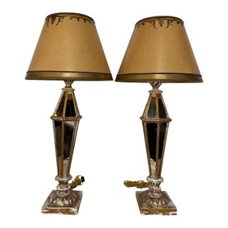 Vintage Italian Mirrored Obelisk Table Lamps, Giltwood, 1940s-50s - a Pair For Sale