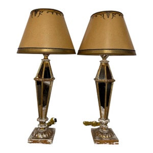 Vintage Italian Mirrored Obelisk Table Lamps, Giltwood, 1940s-50s - a Pair