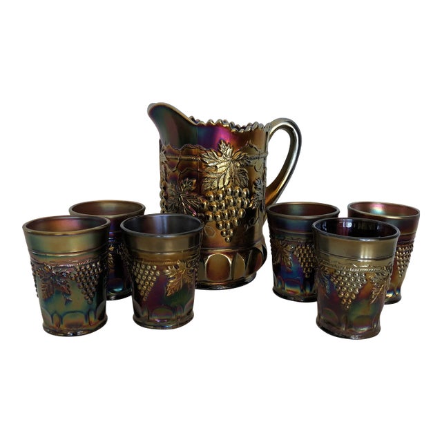 Vintage Northwood Amethyst Grape & Cable Pattern Pitcher Tumbler Set- 7 Pieces For Sale