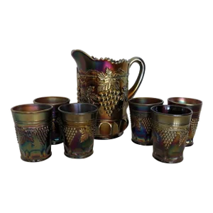 Vintage Northwood Amethyst Grape & Cable Pattern Pitcher Tumbler Set- 7 Pieces