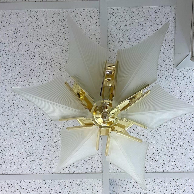 Vintage Art Deco Revival large brass flush-mount ceiling light with 6 frosted-glass slip shades ~ 1980s Art Deco light...