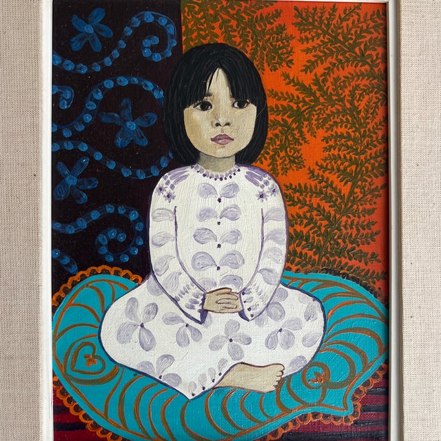 Portraiture Charming 1970s Original Argentine Signed M. Hester Acrylic on Canvas Portrait Painting of a Young Girl For Sale - Image 3 of 8