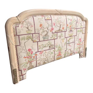 Vintage King-Size Chinoiserie Silk Upholstered Headboard With Carved Frame For Sale
