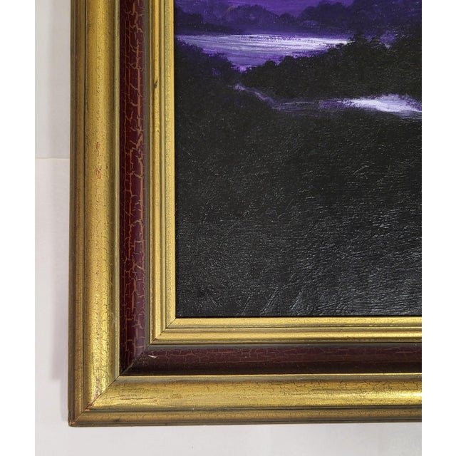 Vintage American 20th C Framed Oil Painting Nocturnal Landscape River & Forest For Sale - Image 12 of 16