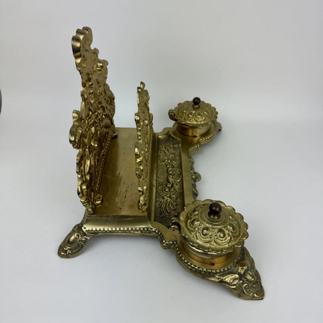 Brass 1960s Ornate Brass Double Inkwell With Letter Organizer For Sale - Image 8 of 12