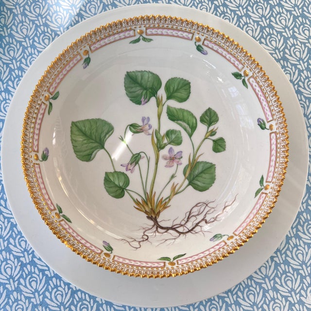 White Stunning Flora Danica 8 3/4” serving bowl // Royal Copenhagen Denmark // Viola Mirabilis L // hand painted luxury fine china // fine art For Sale - Image 8 of 10