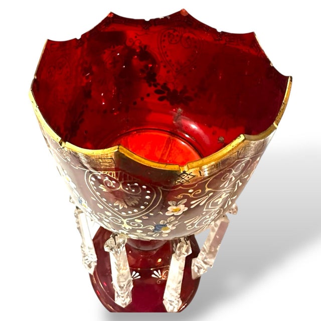 Pair of Victorian Bohemian Ruby Glass Mantel Lusters With Original Prisms, C. 1880 For Sale - Image 12 of 14