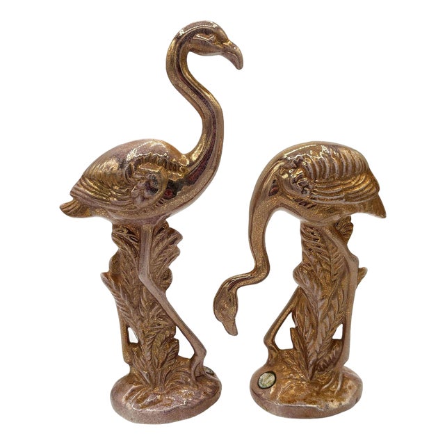 Rare Mid 20th Century Speckled Gold Ceramic Pink Flamingo Statue by McCulloch, Pair For Sale