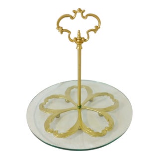 Ornate Vintage Gold Metal Scroll & Round Glass Footed Dresser Perfume Serving Tray For Sale