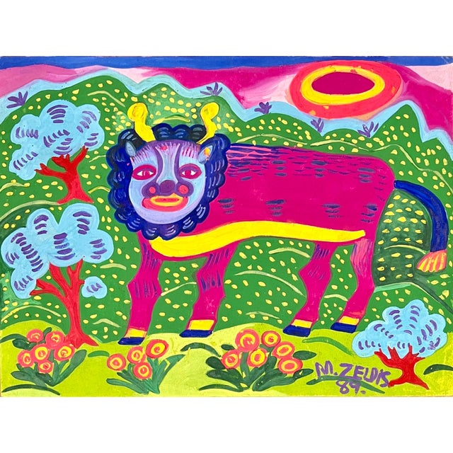 Malcah Zeldis, Malcah Zeldis Folk Art Gouache Painting Mod Bull Jewish Woman Outsider Artist, 1989 For Sale