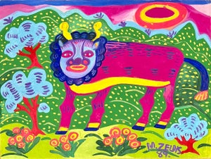 Malcah Zeldis, Malcah Zeldis Folk Art Gouache Painting Mod Bull Jewish Woman Outsider Artist, 1989