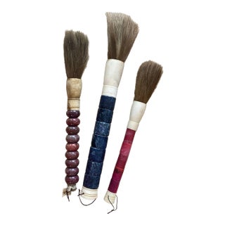 Vintage Asian Chinese Stone Horsehair Calligraphy Art Large Brushes Decor - Mixed Lot of 3 For Sale