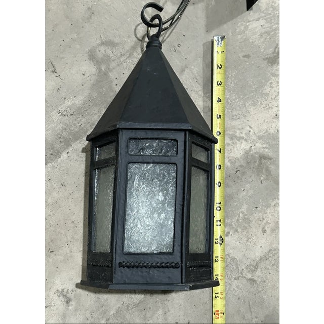 Vintage Gothic Style Iced Glass & Iron Pendant Lantern For Sale In Pittsburgh - Image 6 of 6