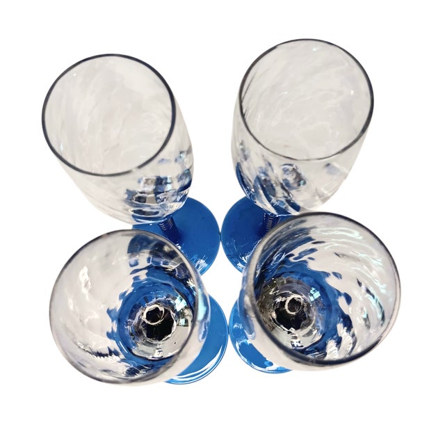 Vintage Cobalt Blue Twisted Stem Champagne Glasses Clear Arabesque Weave Body - Set of 4 For Sale In Austin - Image 6 of 9