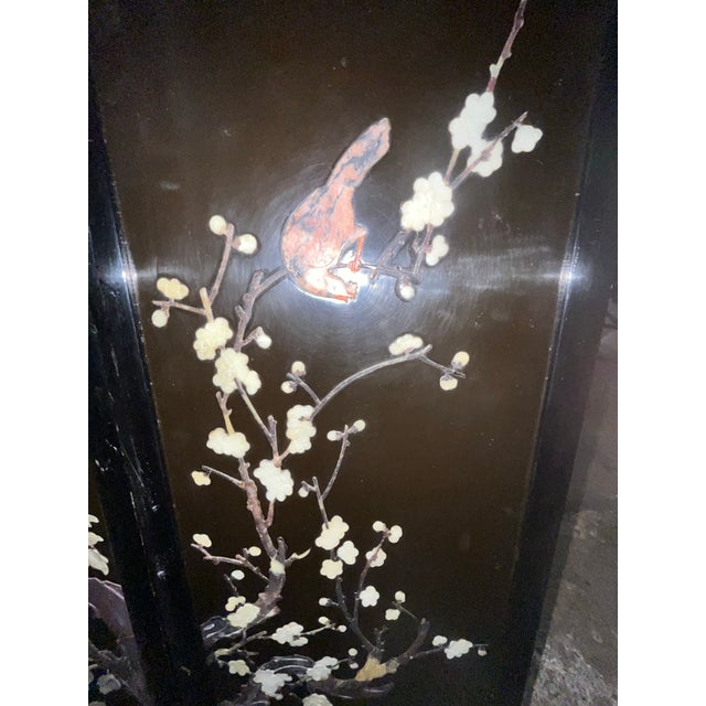 Black Vintage Chinese Black Lacquered Panels Carved Stone Inlay Birds For Sale - Image 8 of 8