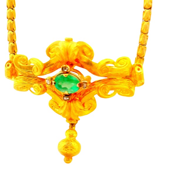 French Antique Emerald Diamond 18k Yellow Gold Necklace For Sale - Image 4 of 6